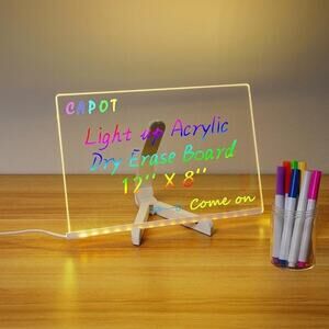 Led Light Up Acrylic Dry Erase Note Board, Drawing, Adjustable Stand, 7 Pens New